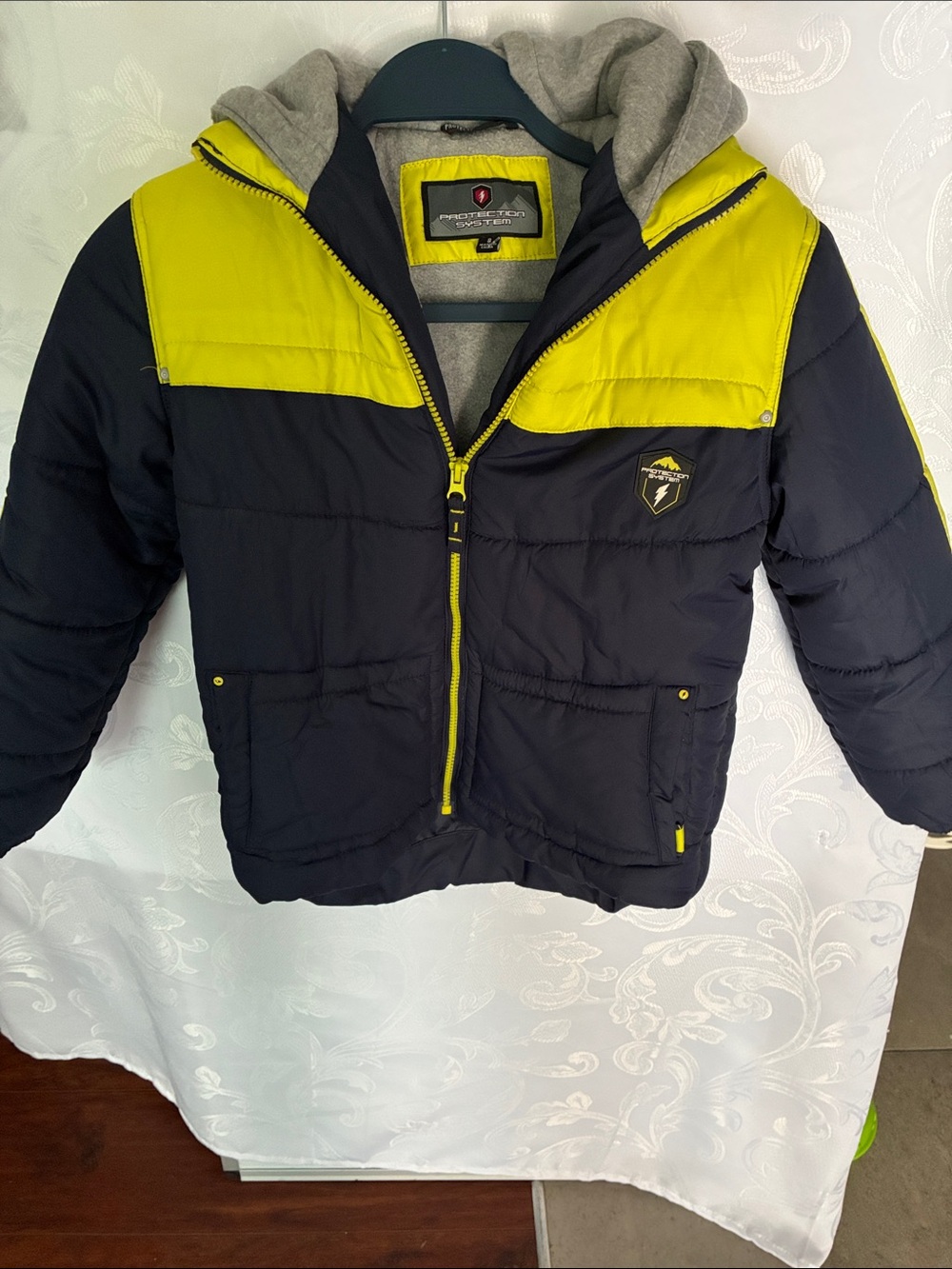 Protection system Kids Navy and Lime Shield Logo Puffer Jacket with Hood